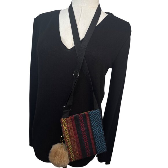2/$30 Small Crossbody Bag Multicolor Stripes Adjustable Camel Mink Pom Pom - Picture 6 of 8